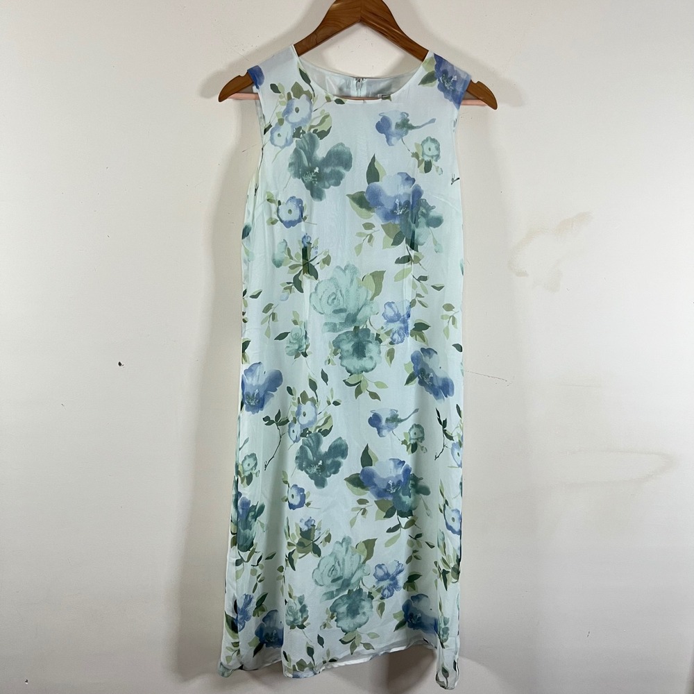 Vintage Bob Mackie 100% Silk Floral Midi Dress Blue Green Coastal Chic Womens 4p